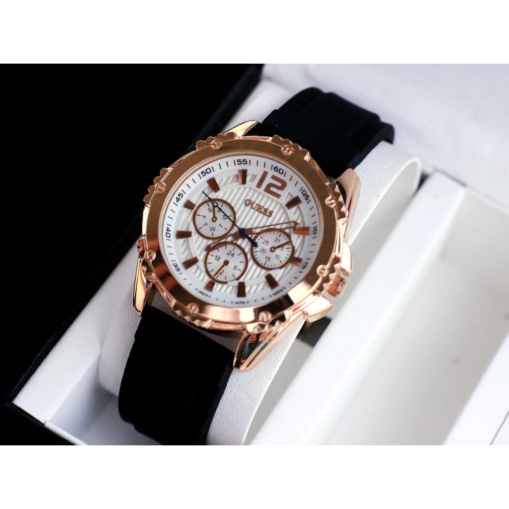 Grosiran Jam Tangan Wanita Guess 1840KI Analog Strap Rubber Tanggal Aktif Chrono Off Free Box Jam Tangan (COD)