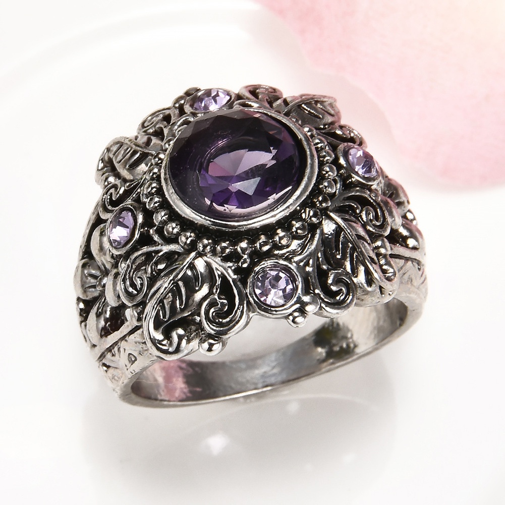 Hu Hu Hu Hu Hu Alat Bantu Pasang Kacamata♡ Cincin Wanita Desain Ukiran Bunga Hias Amethyst Imitasi Bentuk Bulat Gaya Vintage Untuk Hadiah