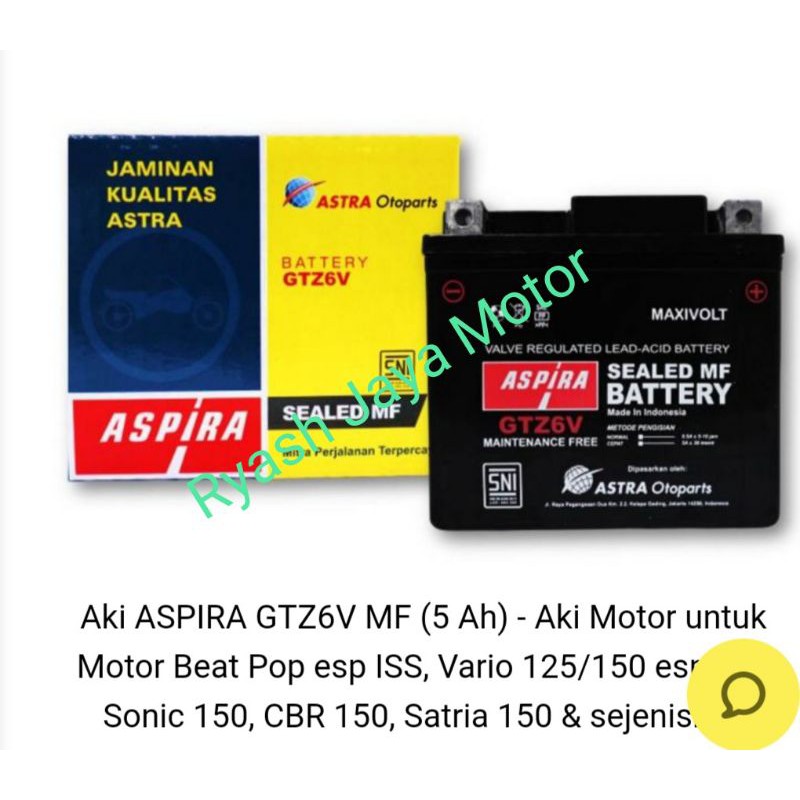 Aki Aspira Astra GTZ-6V keluaran Astra Otoparts For Vario 125/150/CBS/ISS/Beat Esp/CB 150R/Satria Fu/Lexi/PCX new/Adv/Genio/Beat new 2020/ Mio M3 SSS