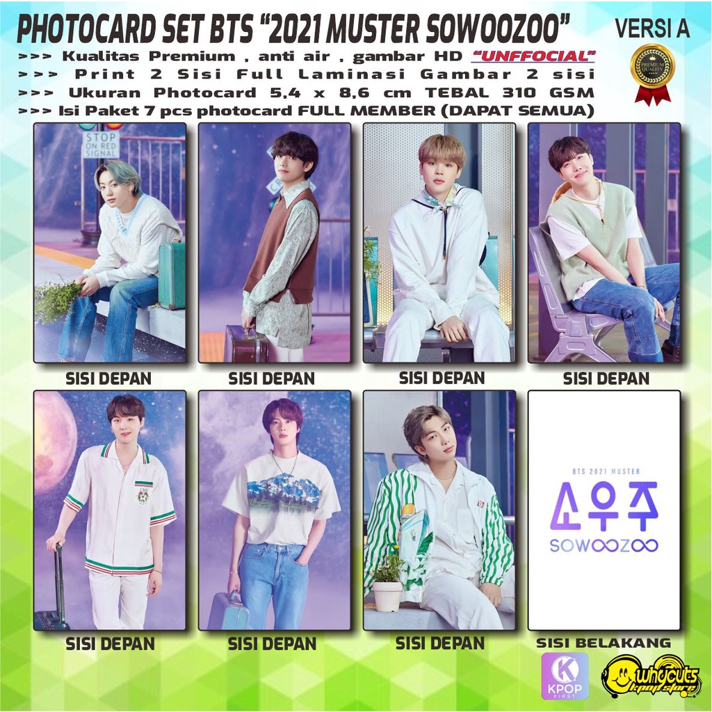 PHOTOCARD FULL SET PREMIUM BTS MUSTER 2021 SOWOOZOO / PRINT 2 SISI FULL LAMINASI GLOSSY ISI 7 PCS SEMUA MEMBER