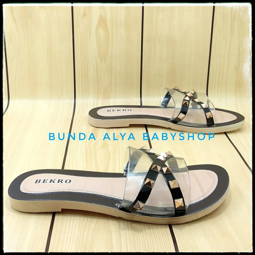 Sandal Wanita Slop Flat Size 36 - 40 HITAM - Sendal Selop Transparan Sandal Flat Wanita OpenToe SALE