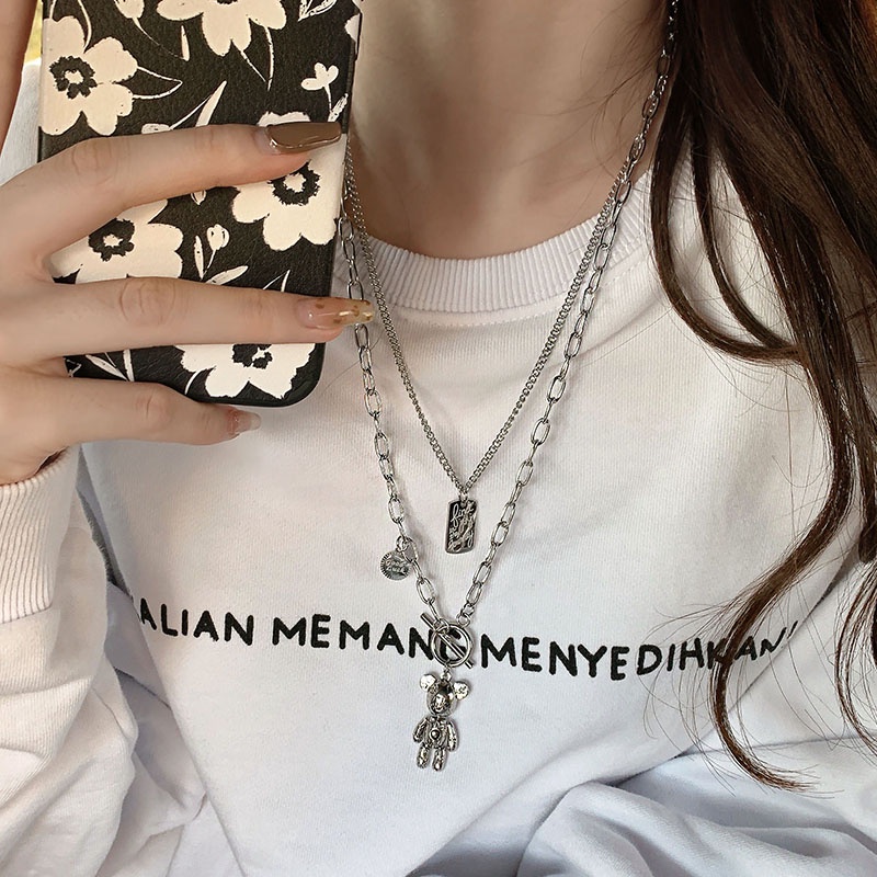 Kalung Hip Hop Korea2023New Aksesoris Fashion Beruang Liontin Kalung925 Perak