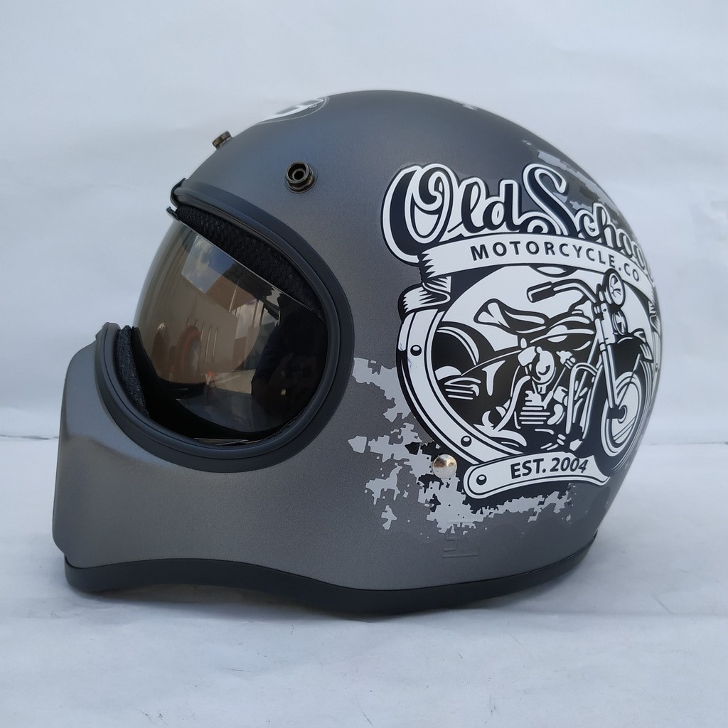 Helm Cakil HBC Old School Grey + Inner Visor Chrome ( Fullface / Retro / Klasik / Vespa )