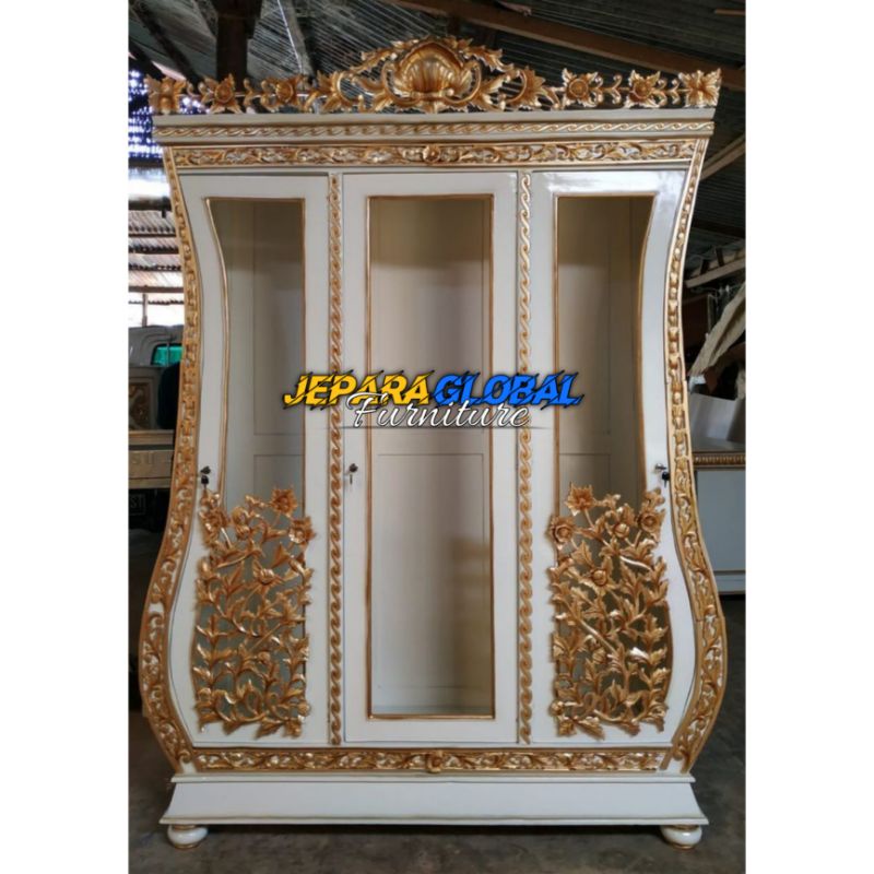 Lemari Hias Jati biola ukir white gold ( rak hias pajangan,rak buku jati,rak ukir murah )