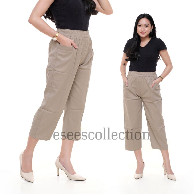 Celana wanita kulot 7/9 korean crops catton combed willow pants || celana katun wanita 7/9 pinggang karet celana wanita seperempat melar tebal