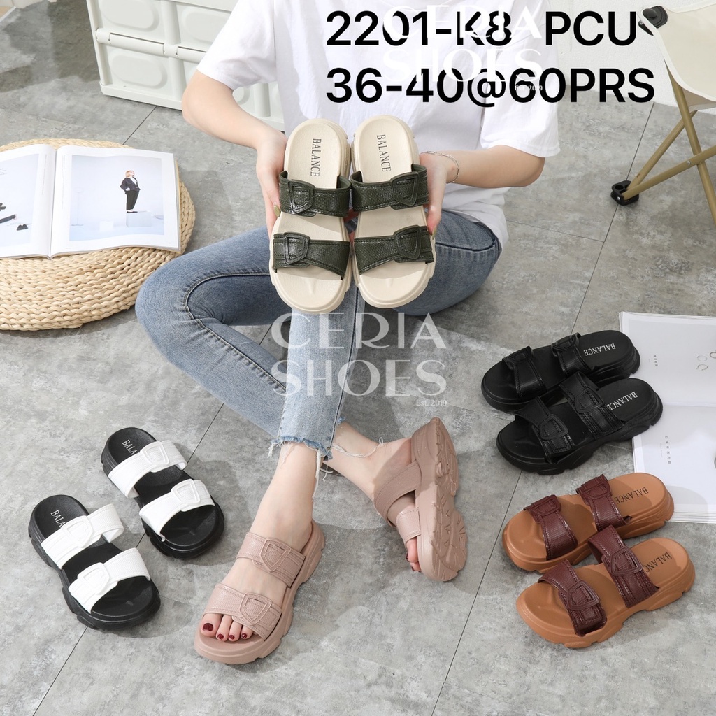 BALANCE Sandal Gunung Slop Wanita Import Sol Tinggi Tebal Karet Non-Slip Empuk Elastis Motif Gesper Strap 2 K8