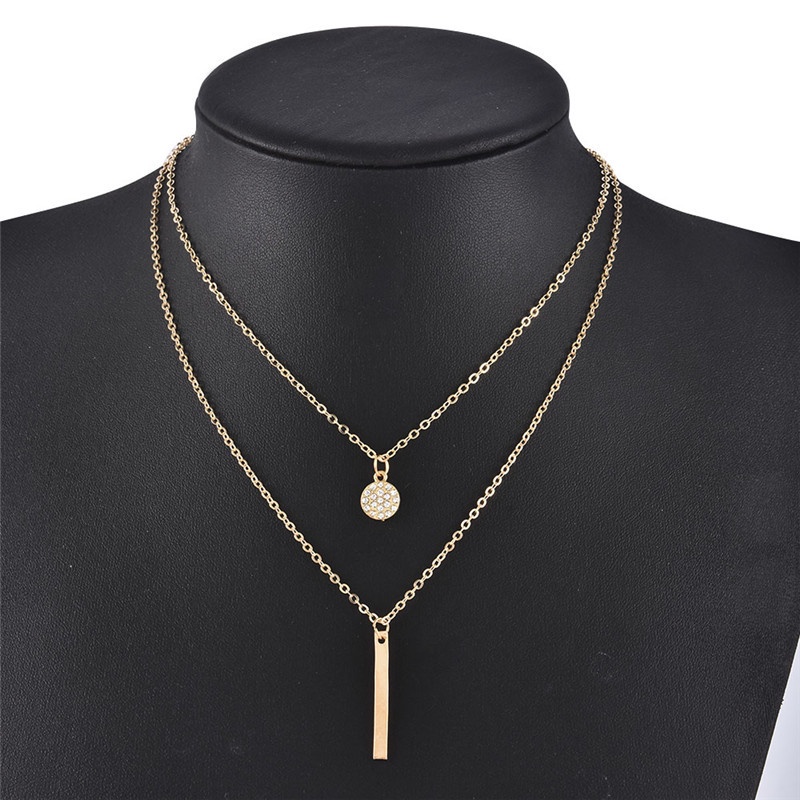 INS Cold Wind Long Strip Pendant Double Necklace/ Round Flash Diamond Clavicle Necklace/ Golden Silver Color Exquisite Alloy Necklace/ Female Simple Temperament Jewelry Accessories