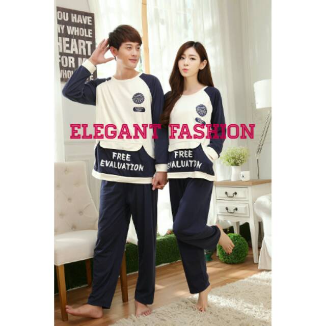 Baju Tidur Piyama Kaos Setelan Panjang Couple Pasangan Lucu Import Free Ev Pocket