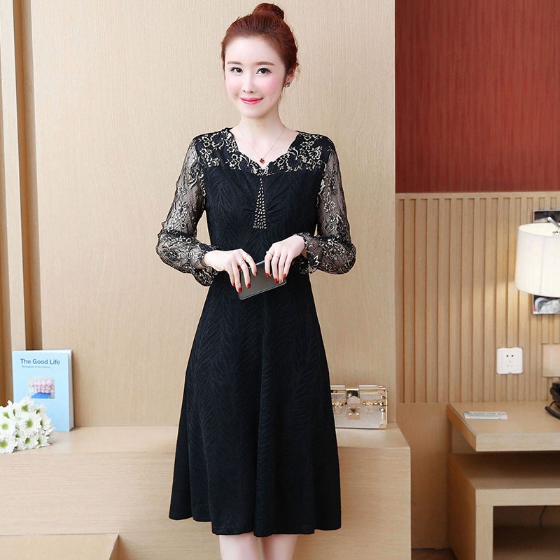 [baju wanita import] Dress Midi Casual Model Jahitan Renda  Pesta Malam
