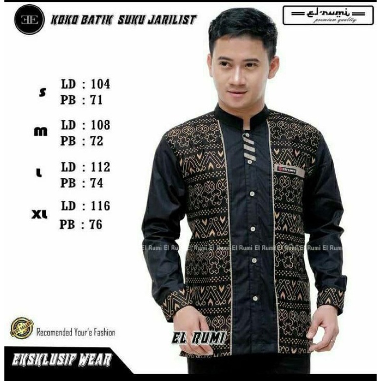 Baju Koko Original Elrumi Kombinasi Batik Terkini Toyobo Premium Berkualitas Fashion Muslim Pria-Hitam rizki