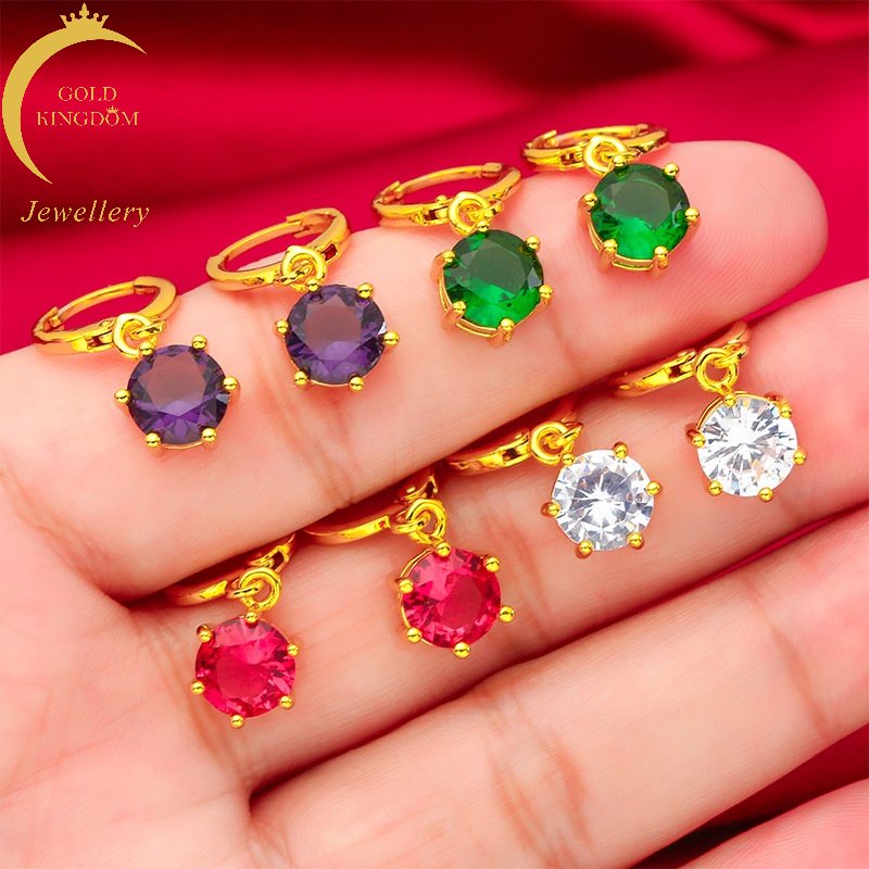 Anting Mini Lapis Emas Asli Kadar 375 Hias Manik-Manik Permata Ruby Putih Bahan Zirkon Untuk Wanita