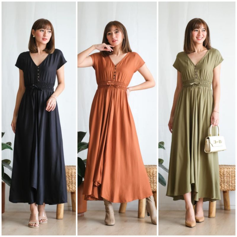 ⚡️CLEARANCE SALE ♡ PREMIUM ♡ ORIGINAL ! YULISA VINTAGE V-NECK BUTTON ASYMMETRIC RAMPLE MAXI DRESS ( BUSUI FRIENDLY )