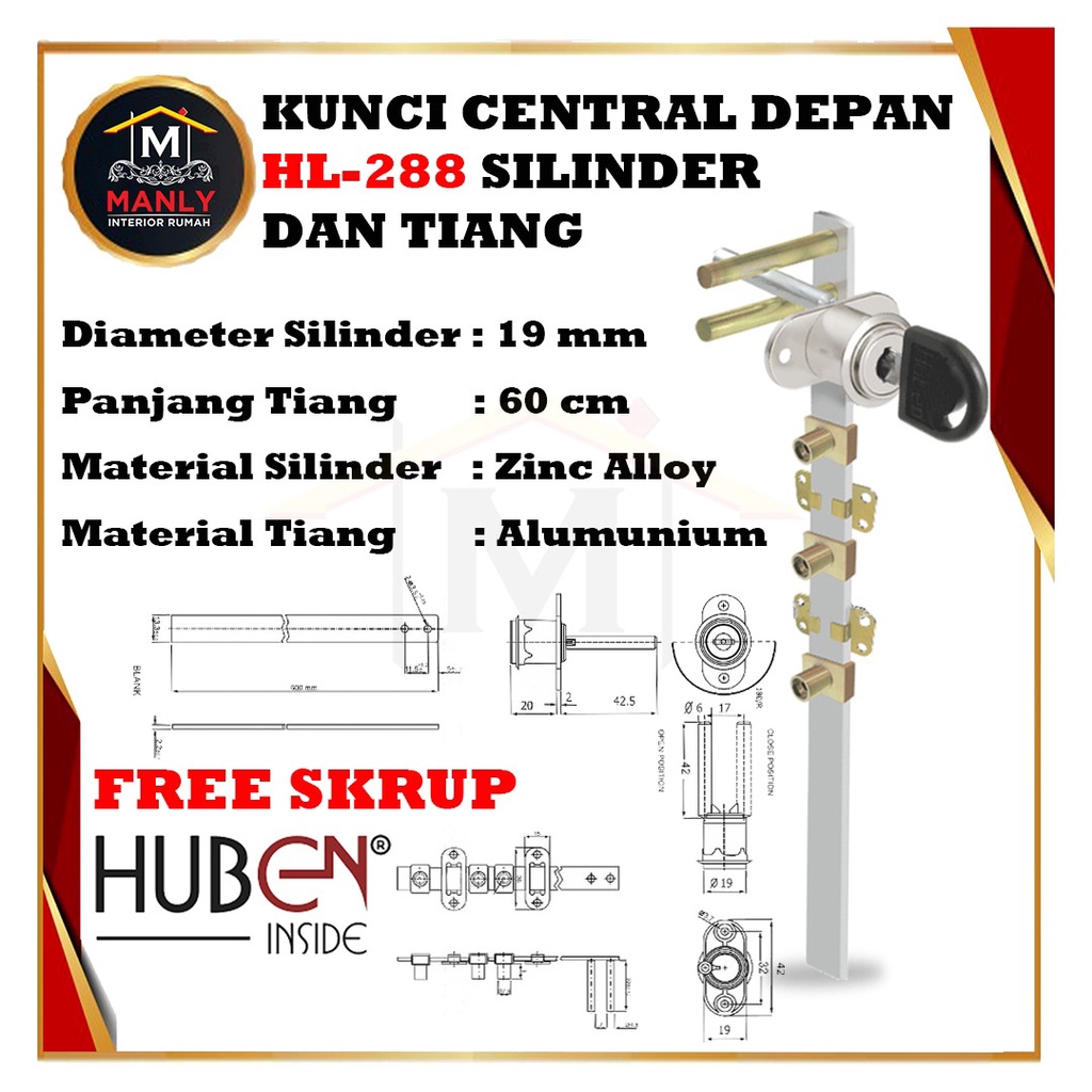 Kunci Laci Sentral Central DEPAN Huben HL 288 silinde dan tiang panjang 60cm