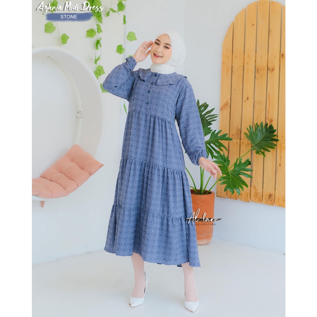 Midi dress aghnia zoeya by alfaro dress cringkle rubi butterfly new model busui reseller dropship