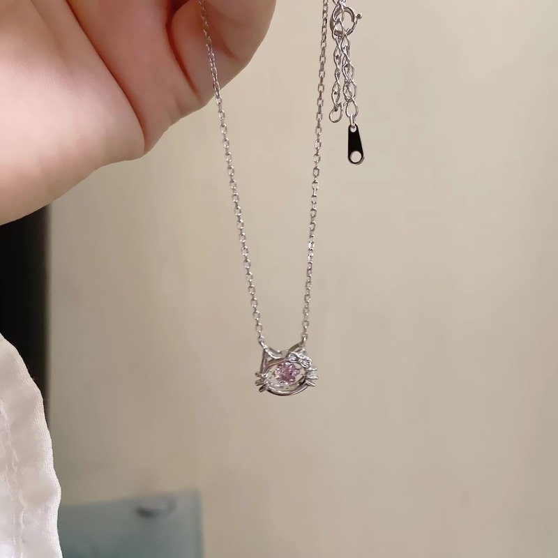 Kalung Rantai Dengan Liontin Bentuk Kucing + Hati Untuk Wanita