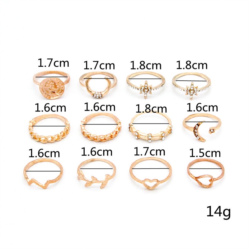 12pcs / Set Cincin Berlian Bentuk Bulan Bintang Hati Daun Untuk Wanita