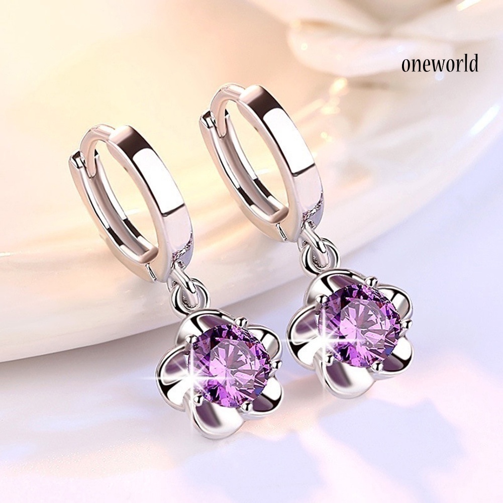 OW@ Fashion Women Plum Blossom Shape Dangle Rhinestone Leaverback Earrings Jewelry