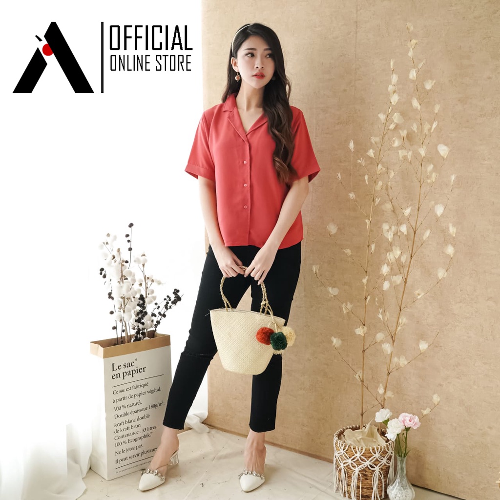 KEMEJA WANITA LENGAN PENDEK BASIC POLOS FASHION KULIAH&SANTAI TERBARU-Peach