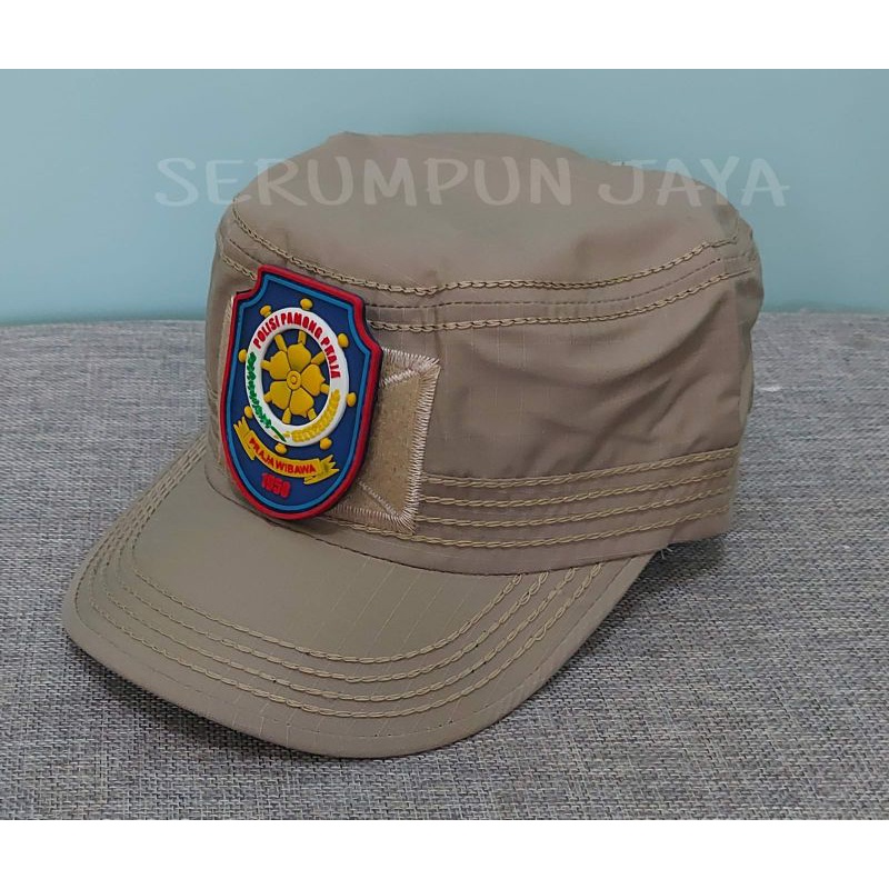 TOPI KOMANDO KREM SATPOL PP LOGO BIRU - TOPI SATPOL PP KOMANDO VELCRO KREM 2 PATCH