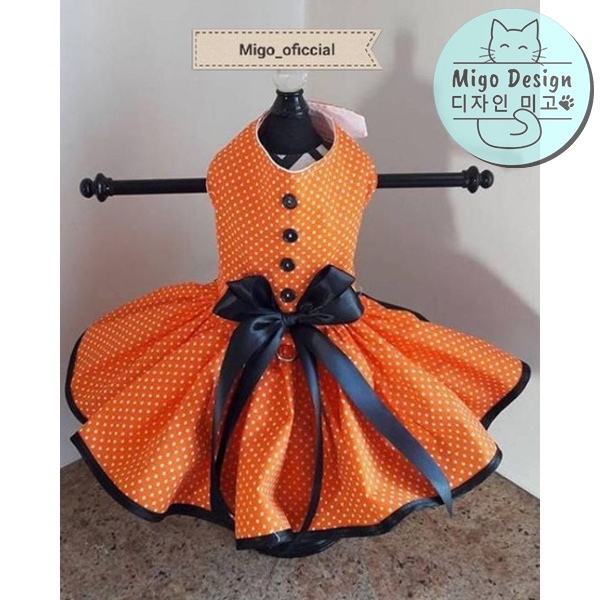 | Migo Design 44 | Baju Dress Kucing/ Anjing Polkadot Pasir Orange Rok Pita List Hitam / Pakaian Ana