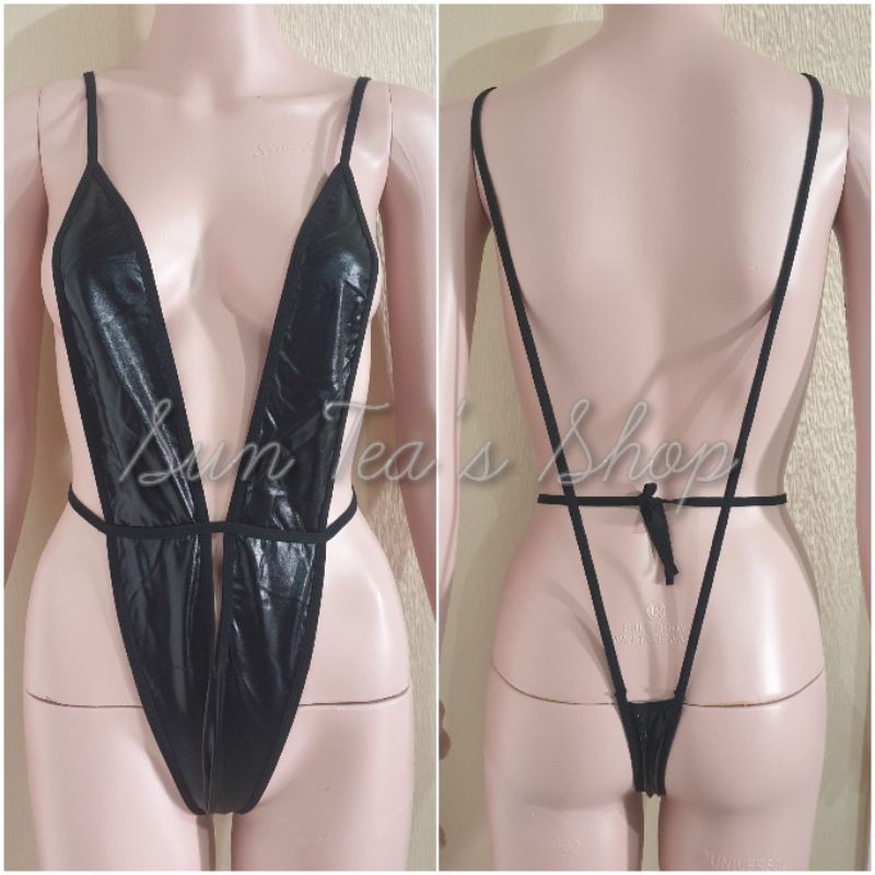 R381 Black Latex faux leather one piece teddy lingerie