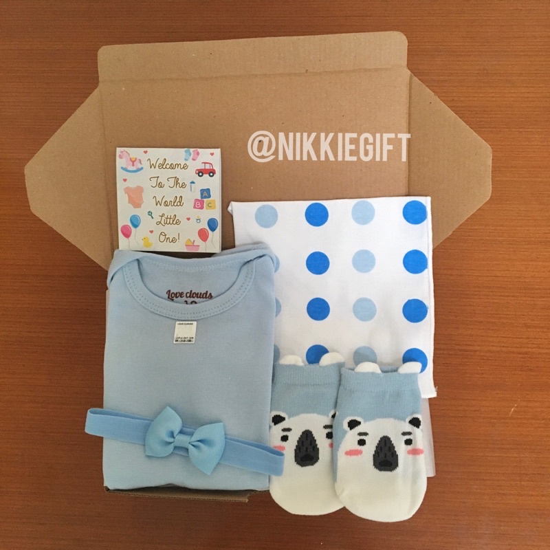 Baby Gift Jumper POLOS ABU PINK COKSU | Hampers Bayi Cowok Cewek | Hampers Newborn | Kado Lahiran-Biru Ribbon