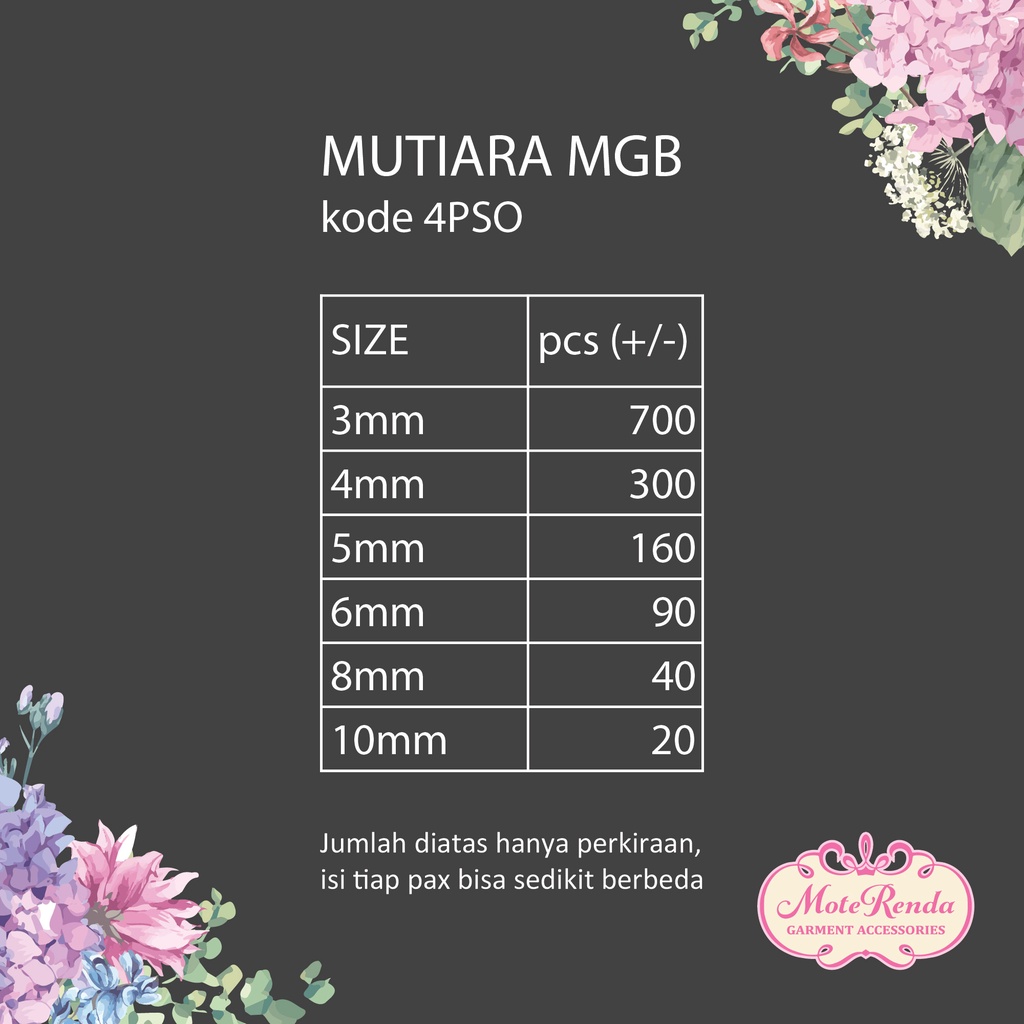 Mutiara Jepang MGB metalik, size 3-10mm kode 4PSO