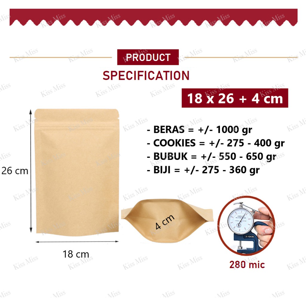 18x26 - STANDING POUCH KRAFT PAPER ALU FOIL  - KEMASAN KOPI - SNACK - KERIPIK - ALUMINIUM ZIPPER