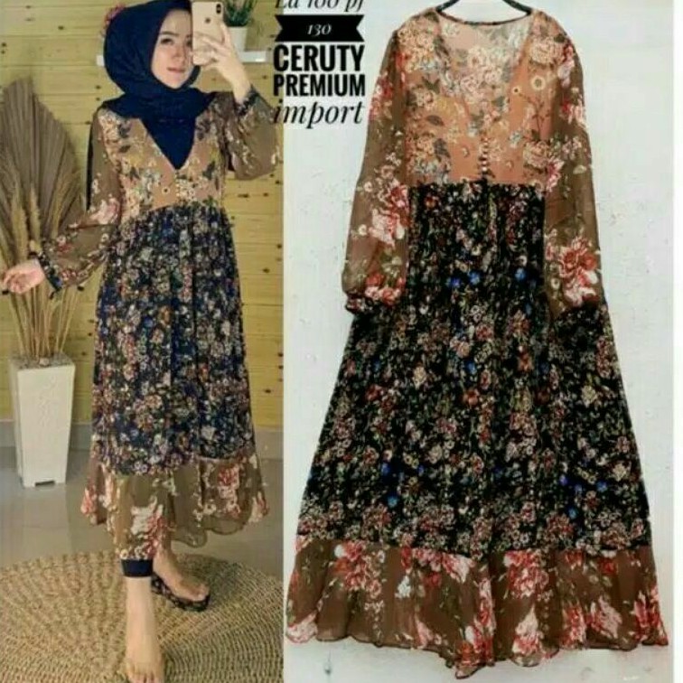 11160 Baju Maxidress longdress Maxi dress Vneck rempel pesta dres Korea Korean style wanita import c