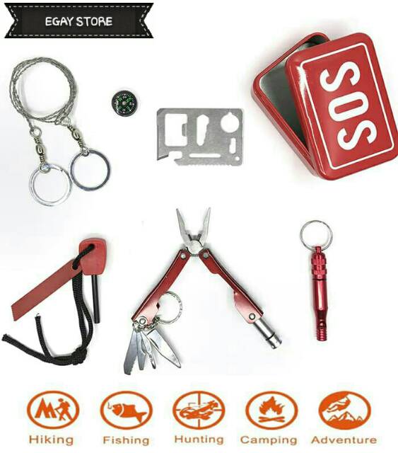 EMERGENCY SOS TOOLS SURVIVAL KIT OUTDOOR CAMPING HIKING / PERALATAN SURVIVAL  ALAT KESELAMATAN DIRI