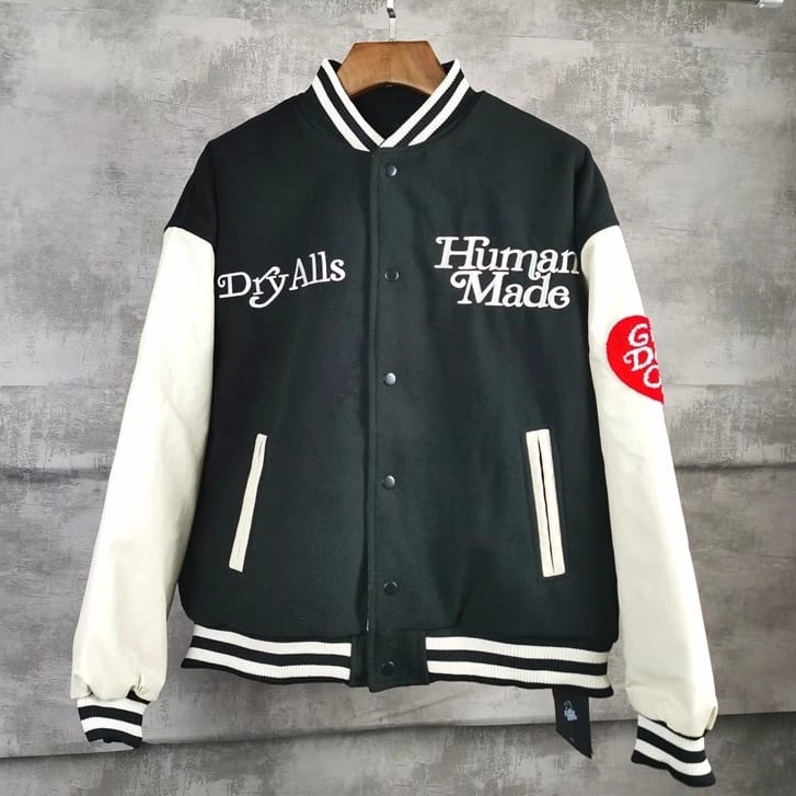 Human Made Black White Baseball Jacket Premium Fleece Tebal Outerwear Jaket Varsity Remaja Unisex Wa