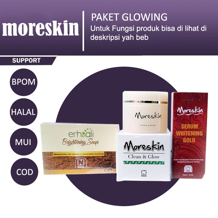 Paket Wajah Glowing - Moreskin Clean And Glow Erhsali Brightening Serum Whitening Gold