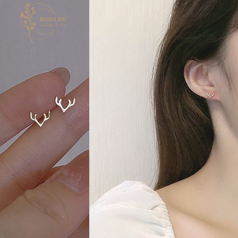 Roselife 1 Pasang Anting Tusuk Sterling Silver 925 Desain Tanduk Rusa Untuk Wanita