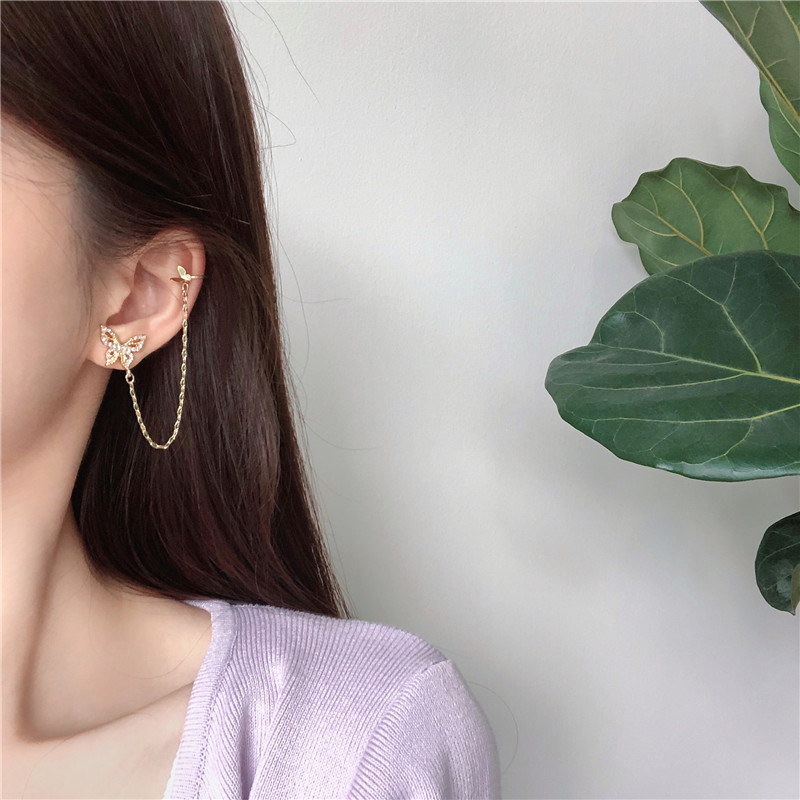 Fashion Asymmetrical Butterfly Earrings S925 Silver Needle Korean Long One-piece Ear Clip for Women Girl Jewelry Gift