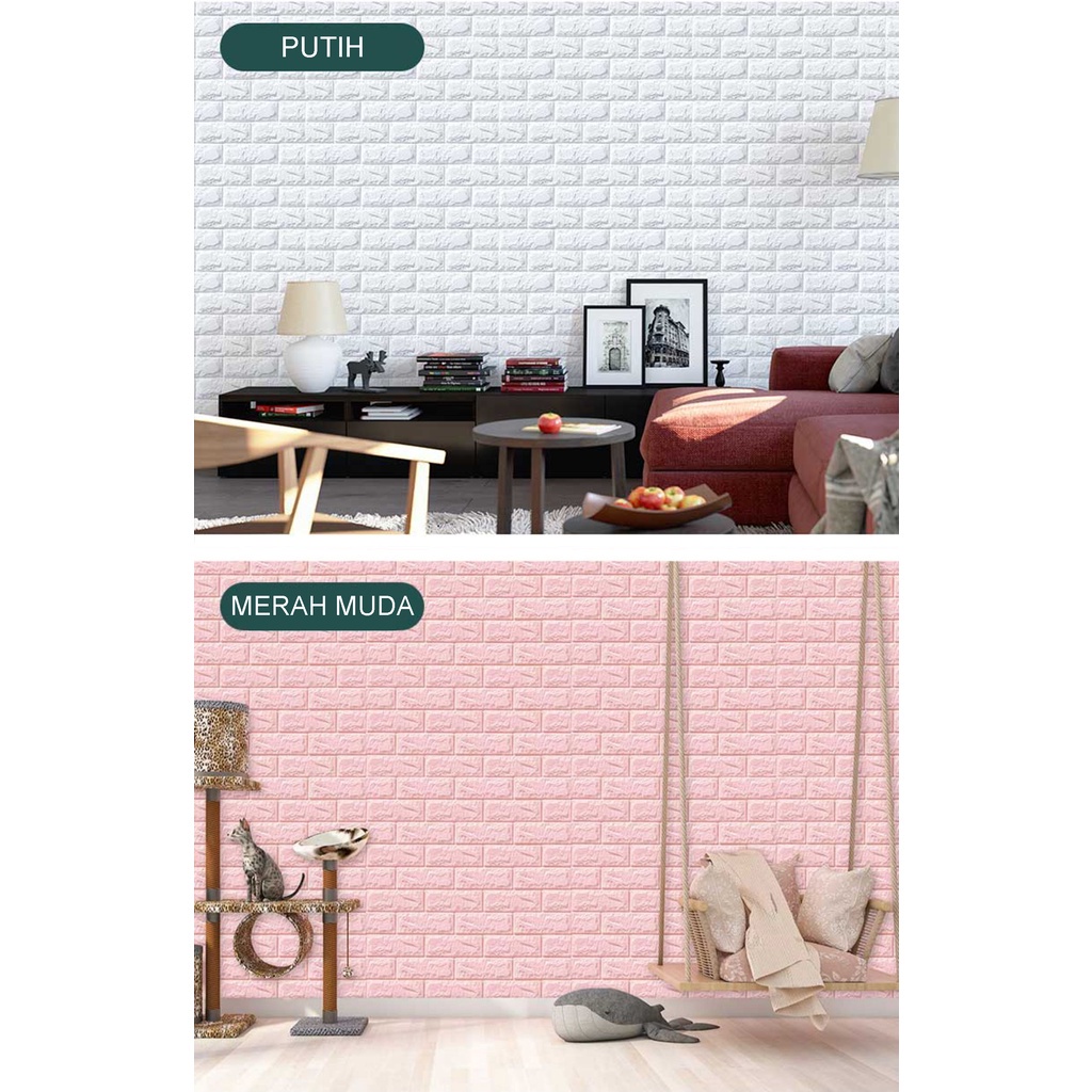 WALLPAPER DINDING 3D BAHAN FOAM MOTIF BATA WARNA PUTIH DAN LAINYA. UKURAN 70x77 CM HARGA MURAH.
