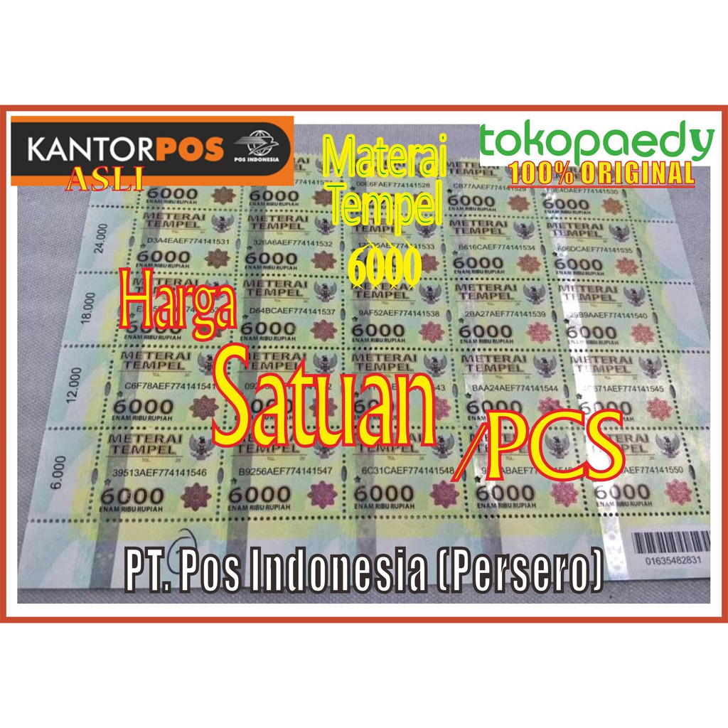 [SATUAN] Asli MATERAI Tempel 6000 /Satuan [1PCS] /PT. Pos Indonesia /Per Lembar ORIGINAL Kantor Pos