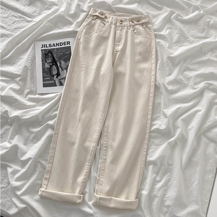 ✅COD Krem/Hitam Celana Panjang Model Longgar Lebar Gaya Korea Retro Bahan Jeans untuk Wanita