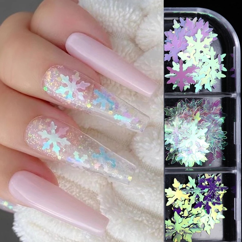 [12 Grids Mixed Style Winter Christmas Nails Art Snowflake Glitter Crafts] [ Nail Art Decorations] [DIY Manicure Accessories]