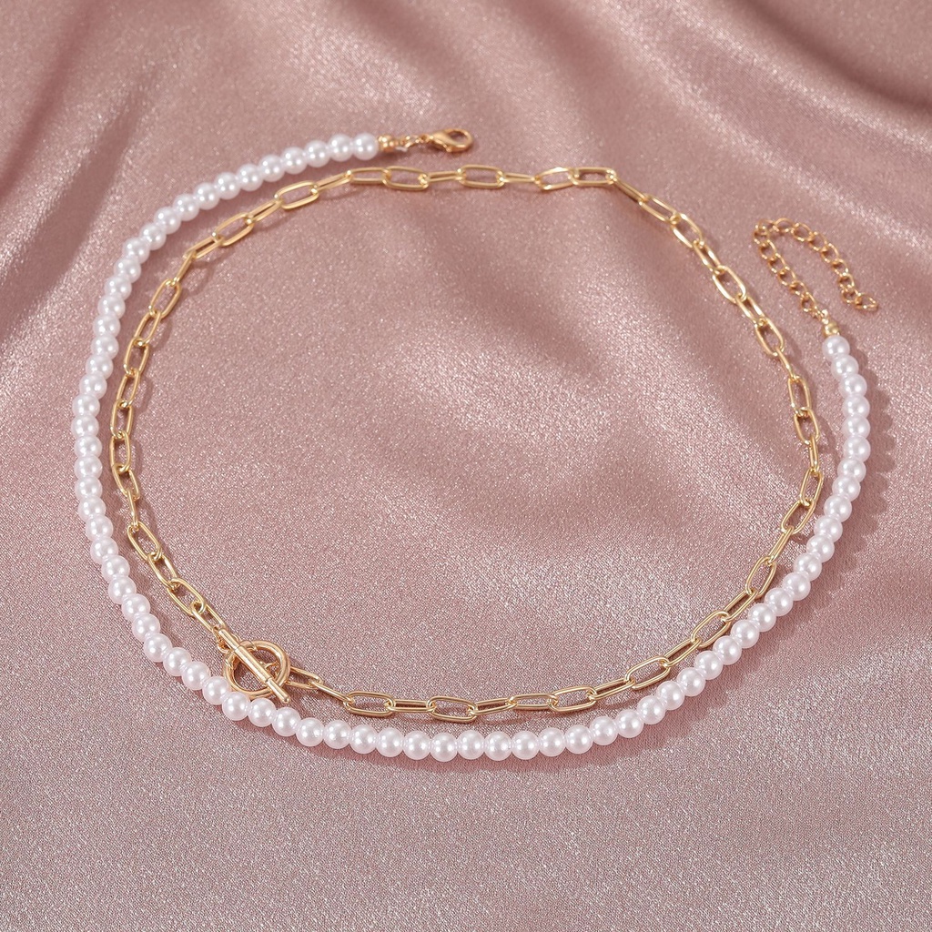 Eropa dan Amerika Baru Double-Layer Kalung Mutiara Fashion Berlebihan OT Gesper Rantai Klavikula Rantai Niche Desain Wanita Kalung Fashion Aksesoris