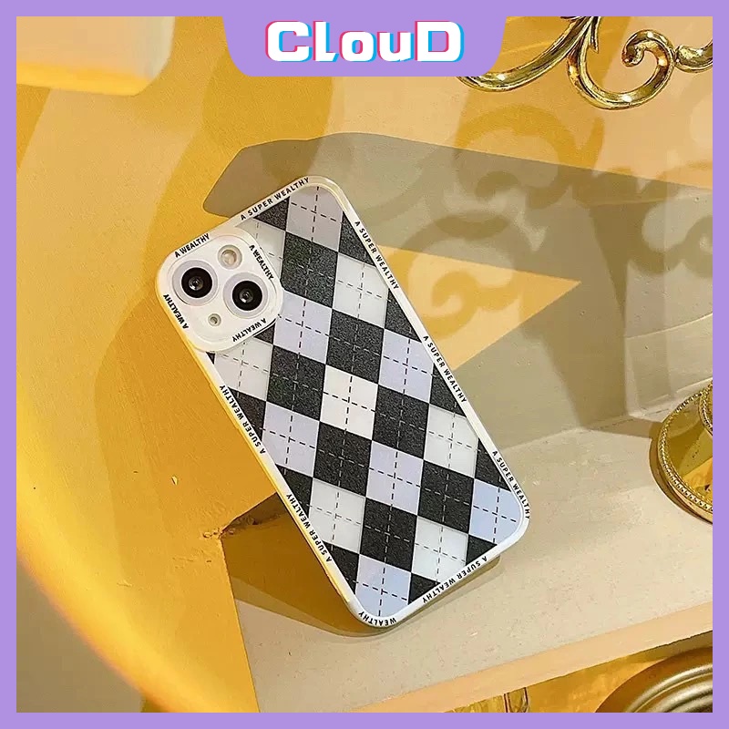 IPHONE Casing Ponsel Motif Grid Berlian Hitam Biru Kompatibel Untuk Iphone11 13 12 14 Pro Max6 6s 7 8 Plus X XR XS MAX SE 2020pelindung Kamera Angel Eyes Lembut Shockproof Penutup Anti Jatuh