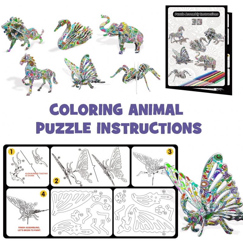 4pcs / Set Mainan Puzzle 3d Gambar Hewan + 12pcs Spidol Untuk Anak Laki-Laki / Perempuan
