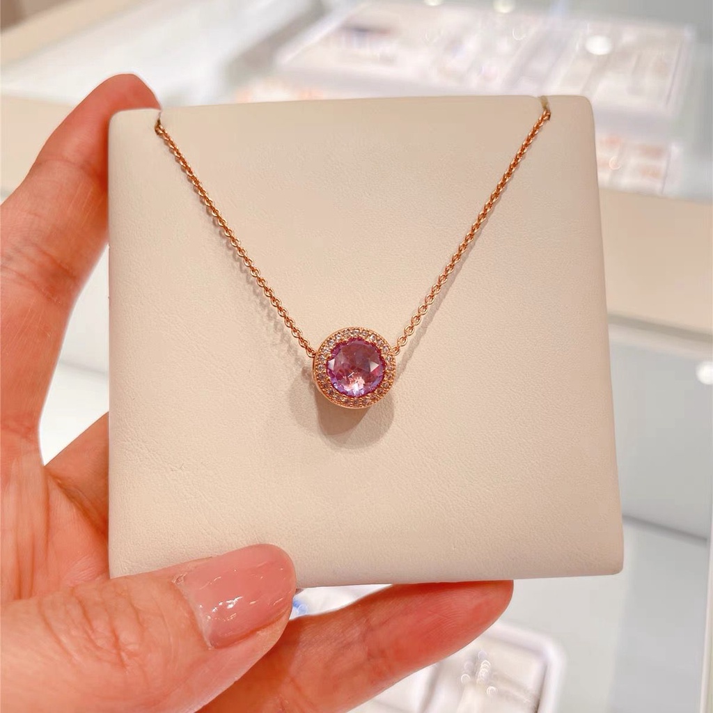 Kalung Rantai Rose Gold 18K Hias Liontin Berlian Cubic Zirconia Gaya Klasik Pandora Untuk Wanita