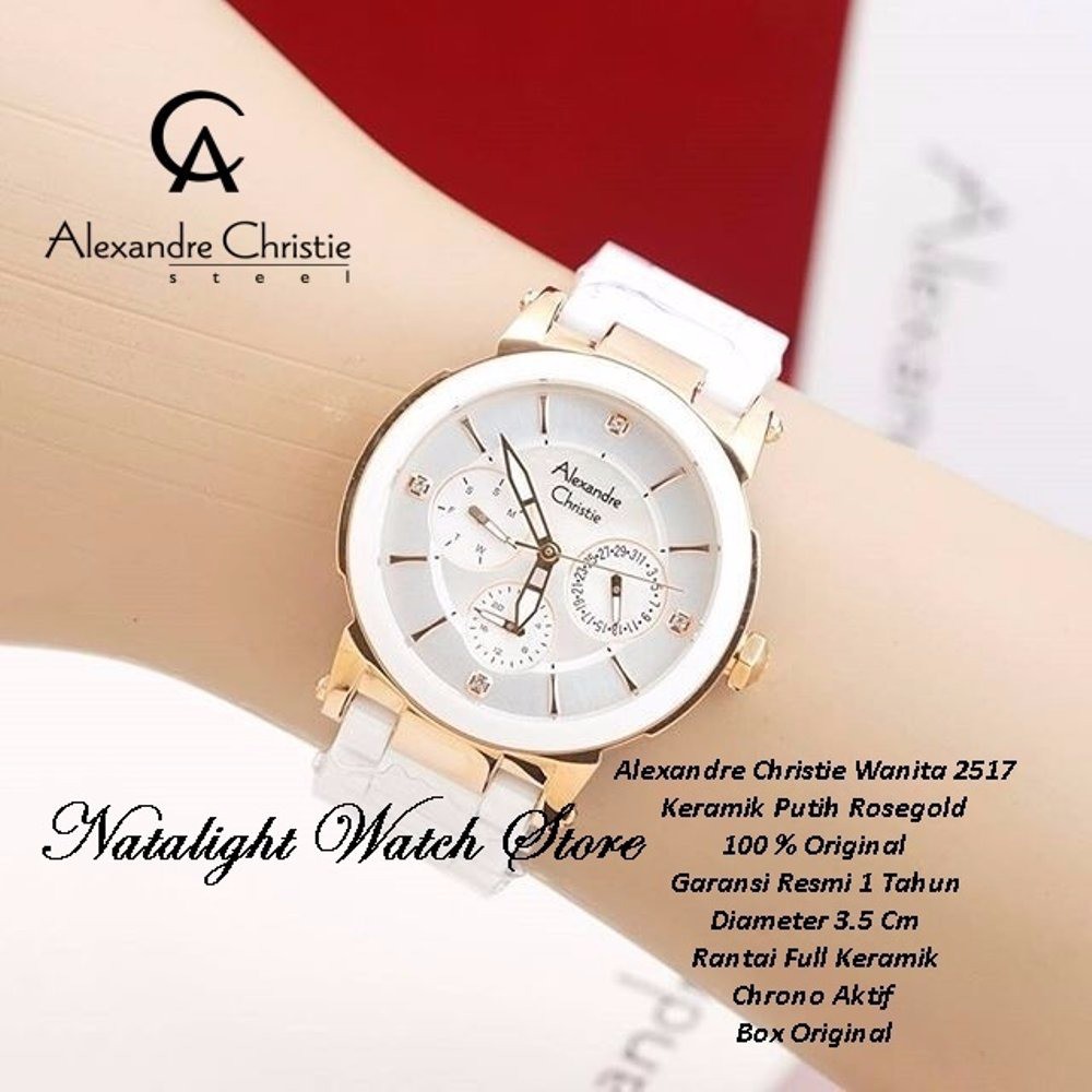 MURAH JAM TANGAN WANITA SIMPLE ELEGAN MEWAH ALEXANDRE CHRISTIE KERAMIK PUTIH ROSEGOLD 2517 LADY GAG
