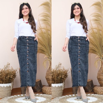 AFAREEN - Rok Span Jeans Panjang Kancing Depan Button Rok Jeans Skrit 29-40