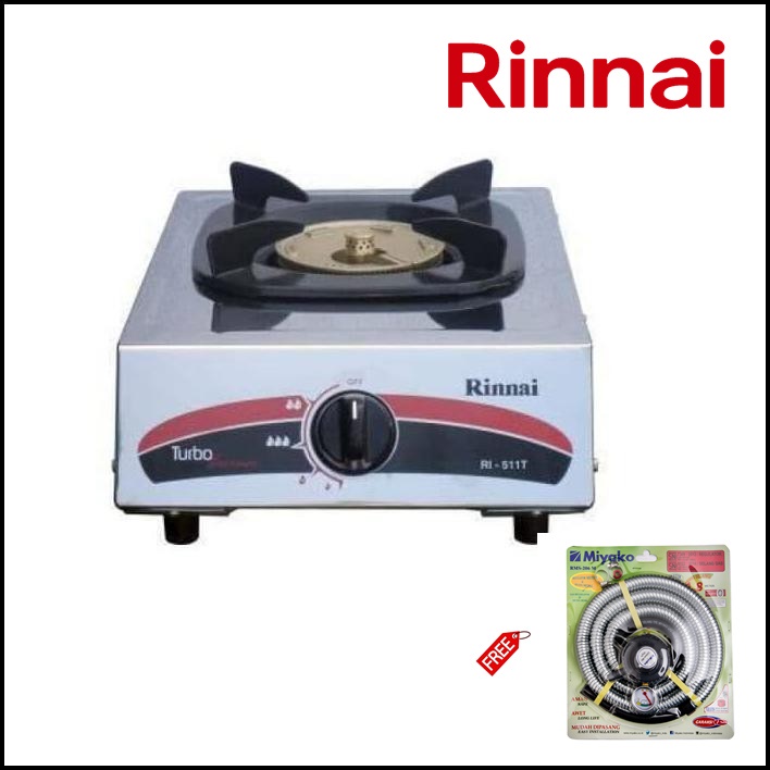 Rinnai RI-511T Turbo Kompor Gas 1 Tungku Stainless FREE Paket Miyako Selang Gas Meter