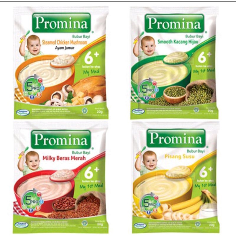 Promina Sachet Bubur MPASI Fortifikasi 6+ 8+ Kacang Hijau Beras Merah pisang chicken mushroom daging brokoli chocolate avocado