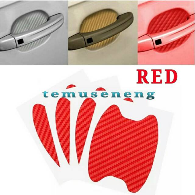 4Pcs 1 Set Merah Red Sticker Stiker Handle Gagang Pintu Mobil Carbon Door Guard Pelindung Pengaman