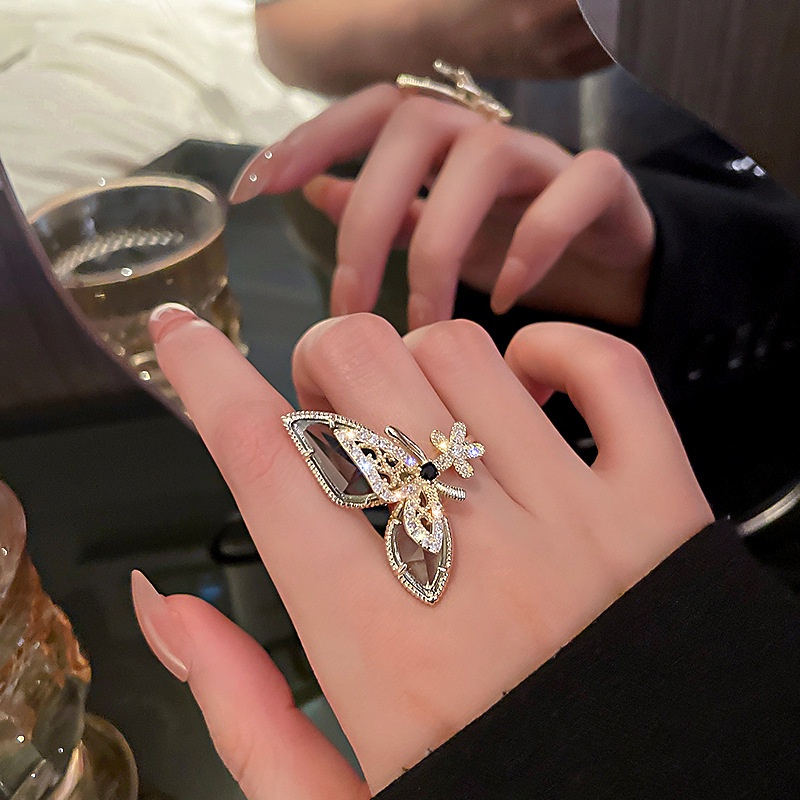 Cincin Model Terbuka Desain Bunga Kupu-Kupu Aksen Zircon Gaya Korea