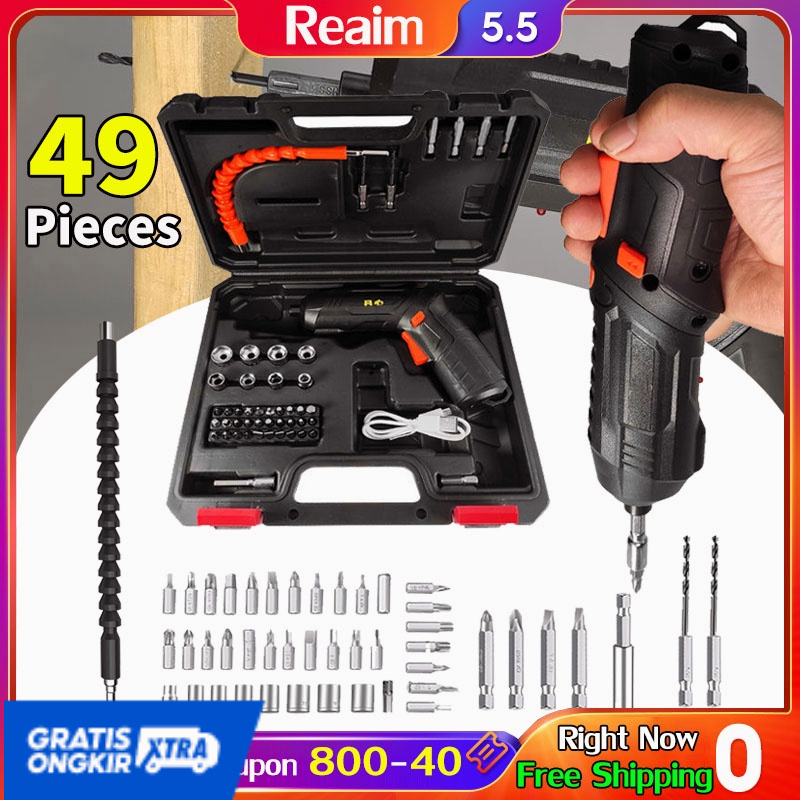 Reaim Cordless Screwdriver 4.2 V Mesin bor baterai impact cordless drill 49 pcs Set Screwdriver Baterai  Bor mini