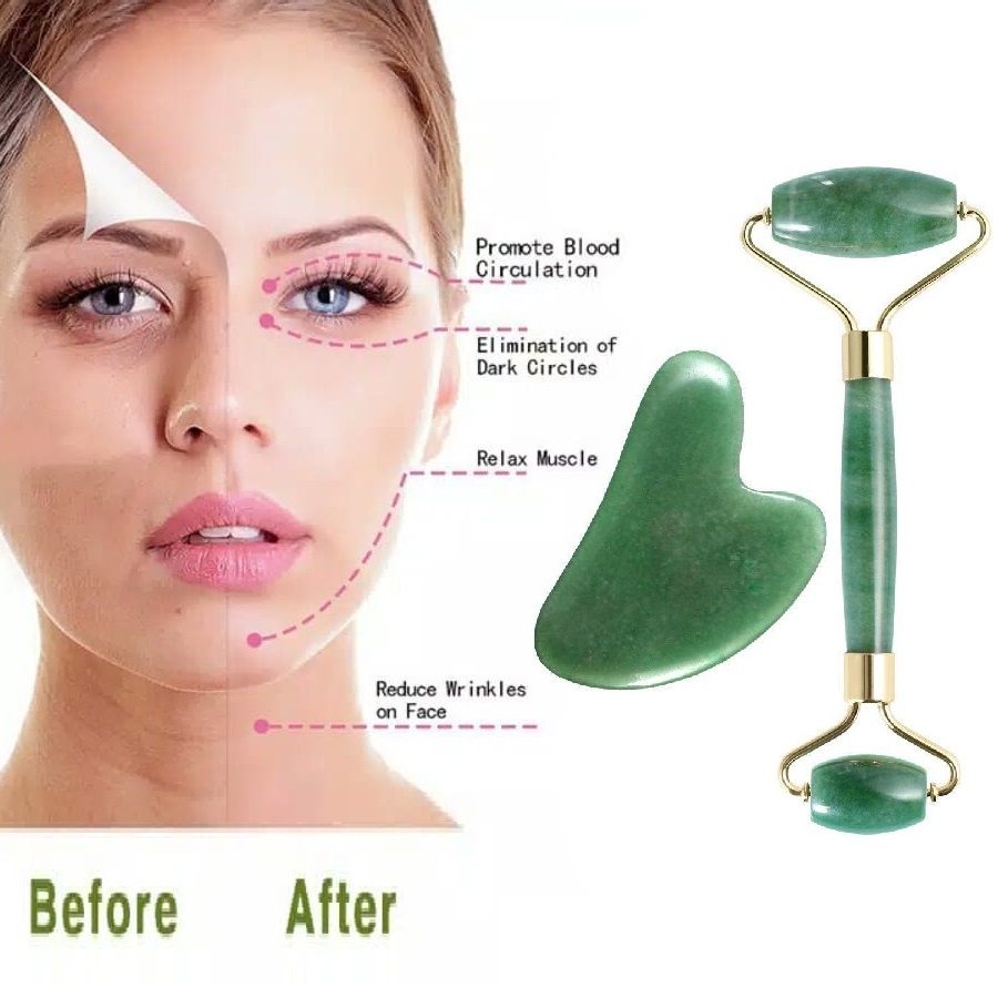 Alat Pemijat Pijat Wajah Roller dengan Batu Giok Jade Gua Sha Massager Facial Roller &amp; Under Eye Stone